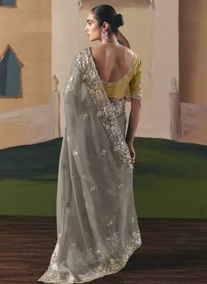 Gary tissue silk sequince & resham work  cut work border heavy designer saree 2