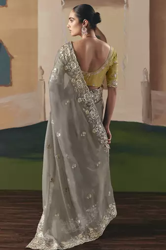 Gary tissue silk sequince & resham work  cut work border heavy designer saree