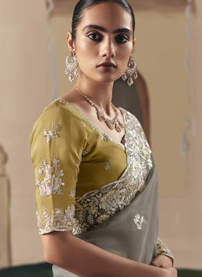 Gary tissue silk sequince & resham work  cut work border heavy designer saree 3
