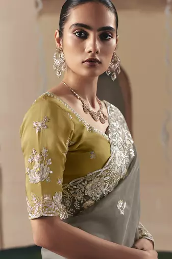 Gary tissue silk sequince & resham work  cut work border heavy designer saree