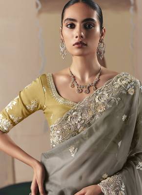 Gary tissue silk sequince & resham work  cut work border heavy designer saree 4