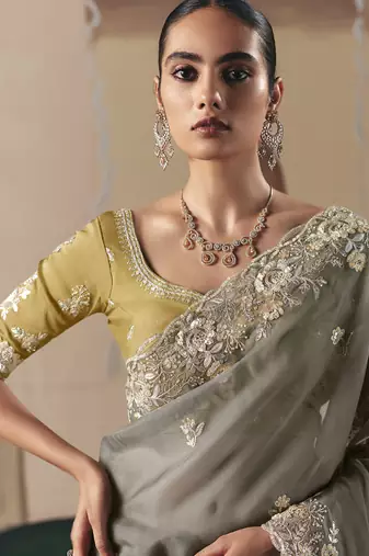 Gary tissue silk sequince & resham work  cut work border heavy designer saree