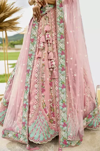 Pink- Tissue Fabric Sequins embroidery Lehenga & Unstitched Blouse With Dupatta