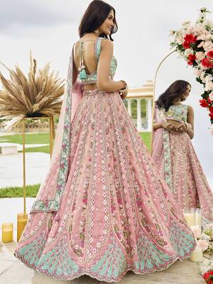Pink- Tissue Fabric Sequins embroidery Lehenga & Unstitched Blouse With Dupatta 7