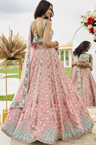 Pink- Tissue Fabric Sequins embroidery Lehenga & Unstitched Blouse With Dupatta
