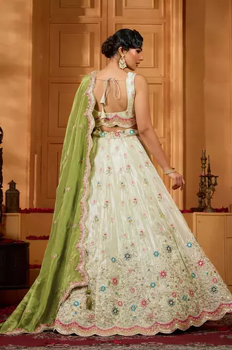 Limegreen- Tissue Fabric Sequins embroidery Semi-Stitched Lehenga & Unstitched Blouse With Dupatta