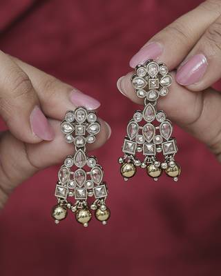 Appealing pear and round shape gold plated brown kundan stone dangle earring for women and girls 1