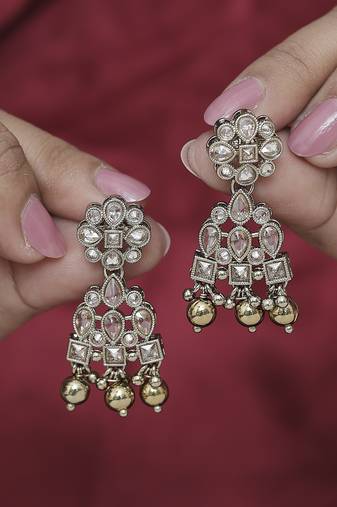 Appealing pear and round shape gold plated brown kundan stone dangle earring for women and girls