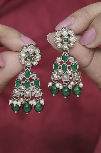 Attractive pear and round shape gold plated green kundan stone dangle earring for women and girls
