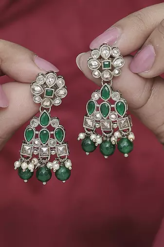Attractive pear and round shape gold plated green kundan stone dangle earring for women and girls