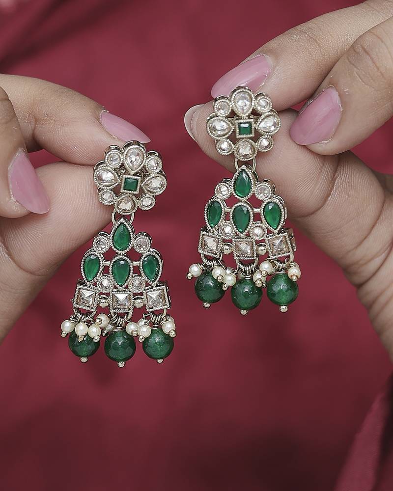 Attractive pear and round shape gold plated green kundan stone dangle earring for women and girls