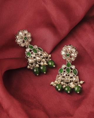 Attractive pear and round shape gold plated green kundan stone dangle earring for women and girls 2