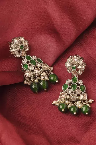 Attractive pear and round shape gold plated green kundan stone dangle earring for women and girls