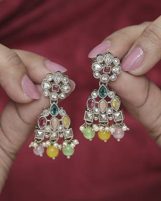 Beautiful pear and round shape gold plated multi kundan stone dangle earring for women and girls 1