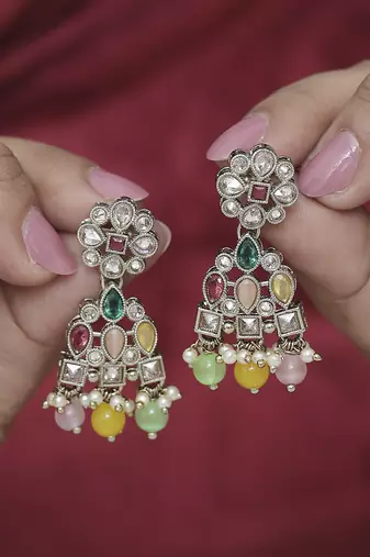 Beautiful pear and round shape gold plated multi kundan stone dangle earring for women and girls