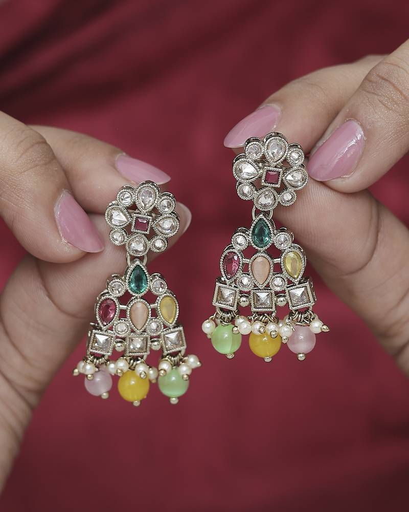 Beautiful pear and round shape gold plated multi kundan stone dangle earring for women and girls