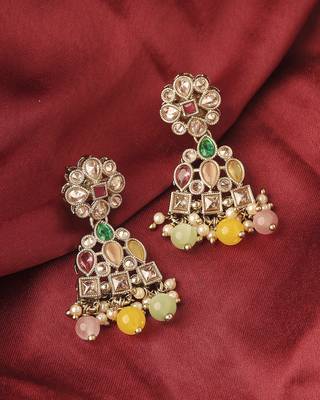 Beautiful pear and round shape gold plated multi kundan stone dangle earring for women and girls 2