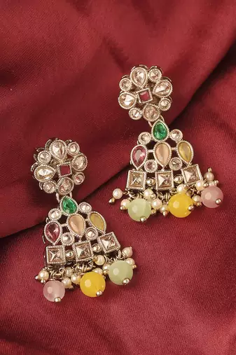 Beautiful pear and round shape gold plated multi kundan stone dangle earring for women and girls