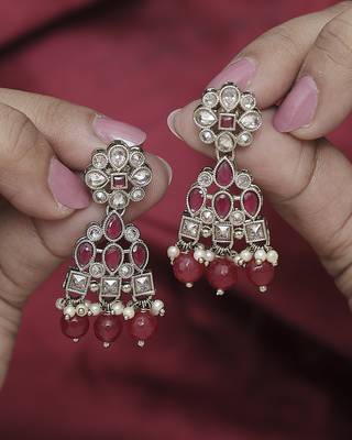 Brilliant pear and round shape gold plated ruby kundan stone dangle earring for women and girls 1