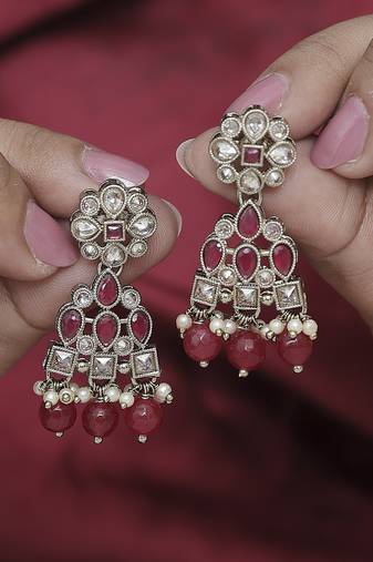 Brilliant pear and round shape gold plated ruby kundan stone dangle earring for women and girls