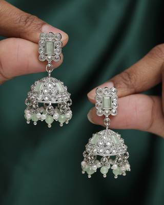 Creative square shape silver plated light green kundan stone jhumki earring for women and girls 1