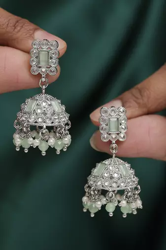 Creative square shape silver plated light green kundan stone jhumki earring for women and girls