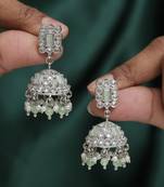Creative square shape silver plated light green kundan stone jhumki earring for women and girls