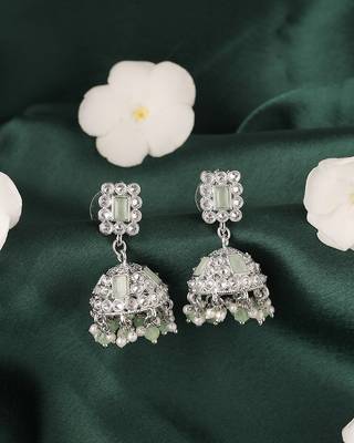 Creative square shape silver plated light green kundan stone jhumki earring for women and girls 2