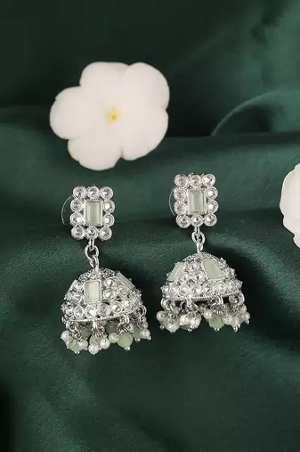 Creative square shape silver plated light green kundan stone jhumki earring for women and girls