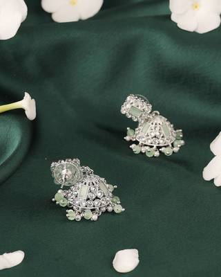 Creative square shape silver plated light green kundan stone jhumki earring for women and girls 3