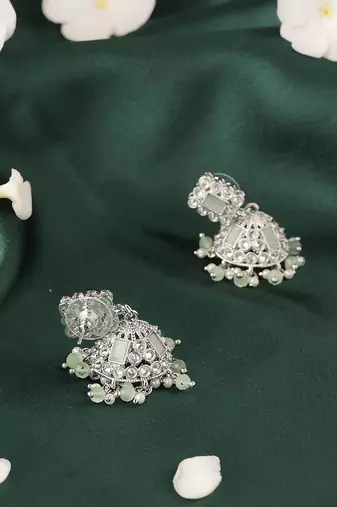 Creative square shape silver plated light green kundan stone jhumki earring for women and girls