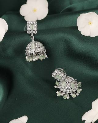 Creative square shape silver plated light green kundan stone jhumki earring for women and girls 4