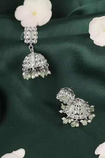 Creative square shape silver plated light green kundan stone jhumki earring for women and girls