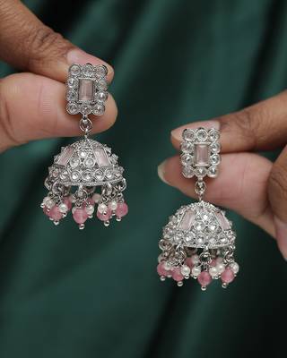 pink alloy jhumki earrings with silver plated kundan work 1