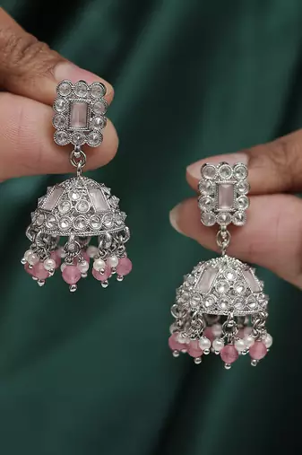 Dazzling square shape silver plated pink kundan stone jhumki earring for women and girls