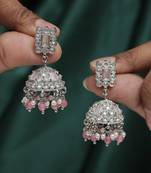 Dazzling square shape silver plated pink kundan stone jhumki earring for women and girls
