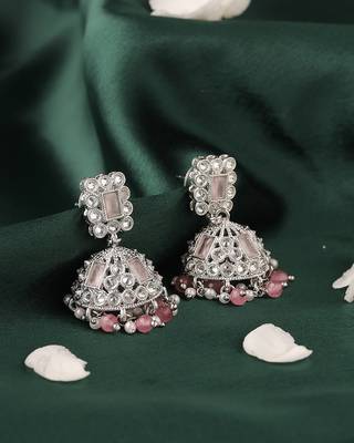 pink alloy jhumki earrings with silver plated kundan work 2