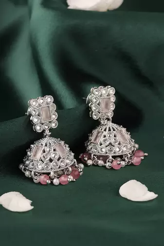 pink alloy jhumki earrings with silver plated kundan work