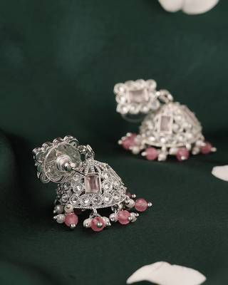 pink alloy jhumki earrings with silver plated kundan work 3
