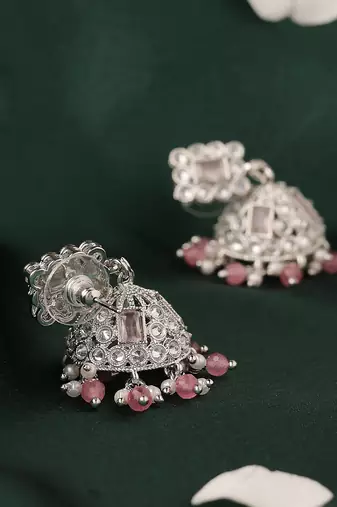 pink alloy jhumki earrings with silver plated kundan work