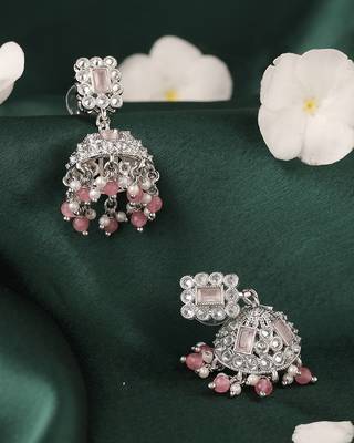 pink alloy jhumki earrings with silver plated kundan work 4