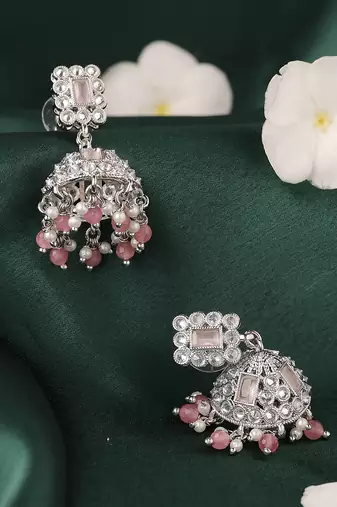 pink alloy jhumki earrings with silver plated kundan work