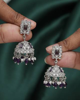 Delightful square shape silver plated purple kundan stone jhumki earring for women and girls 1
