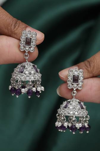Delightful square shape silver plated purple kundan stone jhumki earring for women and girls