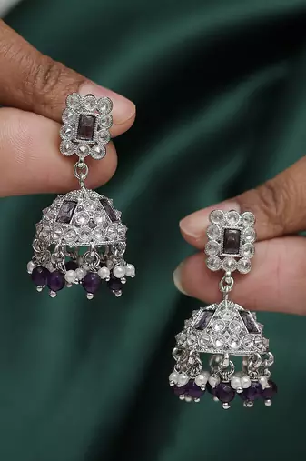 Delightful square shape silver plated purple kundan stone jhumki earring for women and girls