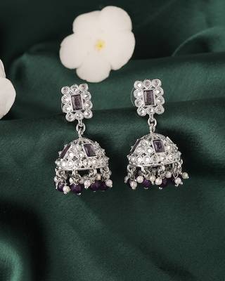 Delightful square shape silver plated purple kundan stone jhumki earring for women and girls 2