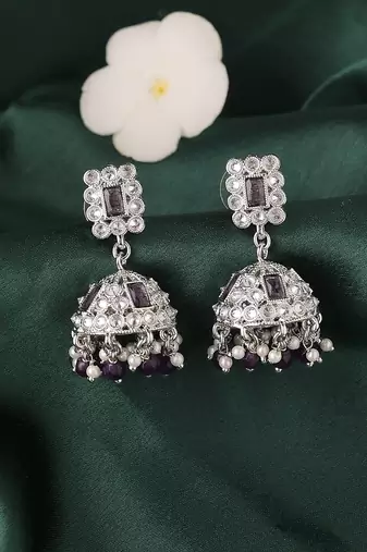 Delightful square shape silver plated purple kundan stone jhumki earring for women and girls