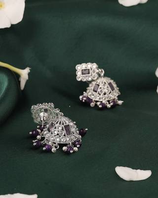 Delightful square shape silver plated purple kundan stone jhumki earring for women and girls 3
