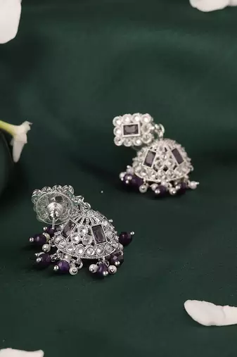 Delightful square shape silver plated purple kundan stone jhumki earring for women and girls