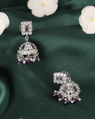Delightful square shape silver plated purple kundan stone jhumki earring for women and girls 4